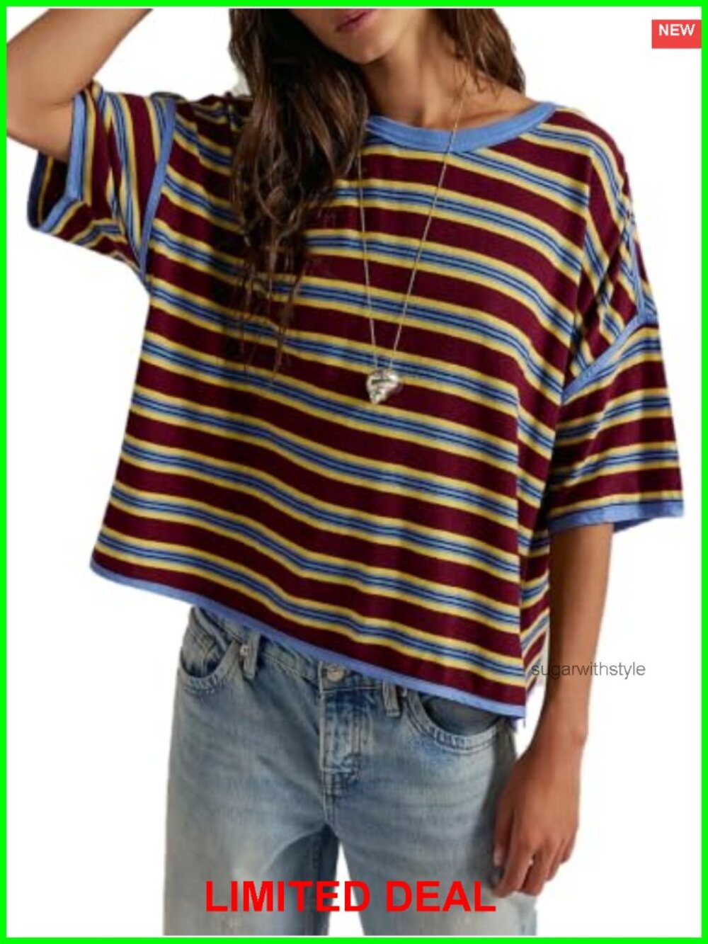 Womens Oversized Striped Tshirt Boxy Fit 90s Retro Ringer Tee